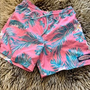 Vineyard Vines Kids Pink & Teal Palm Print Swim Trunks